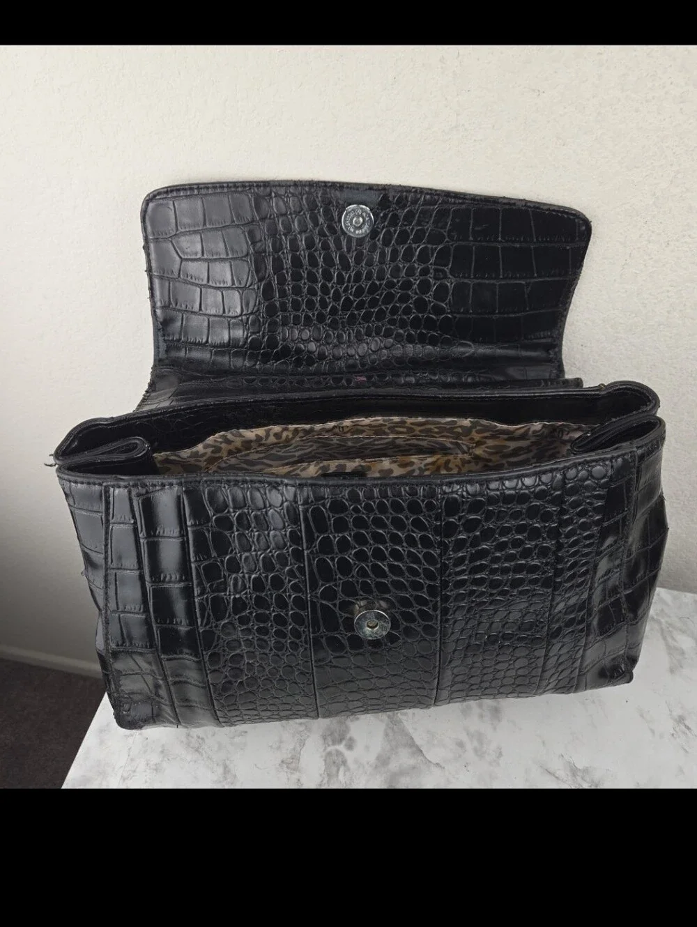 GUESS Black Croc-Embossed Top Handle Satchel with Charm